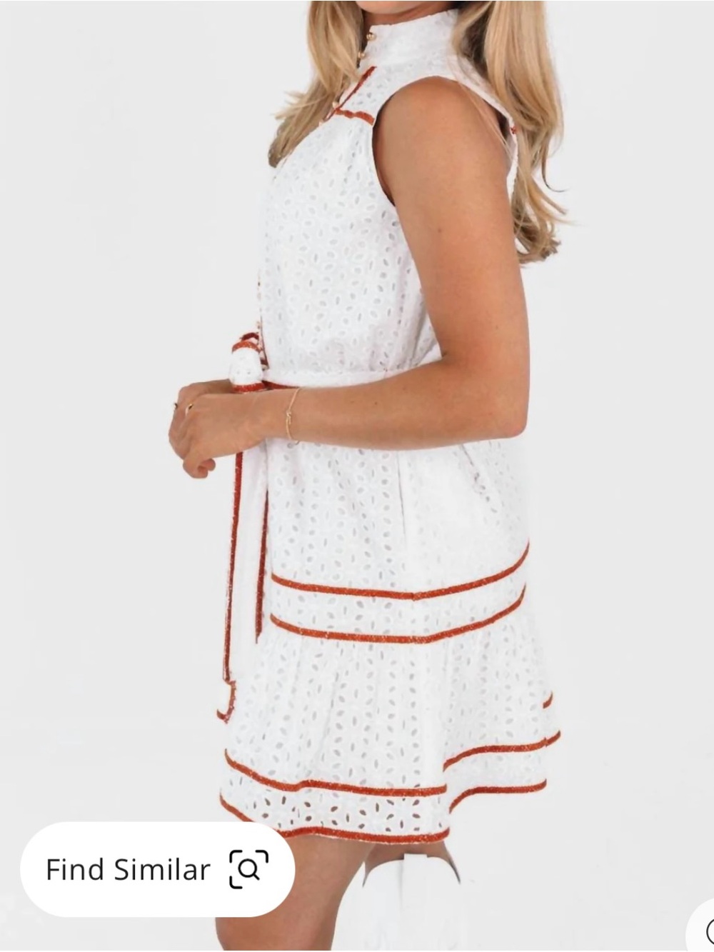 Sleeveless White Eyelet Dress with Burnt Orange Trim - Picture 3 of 5